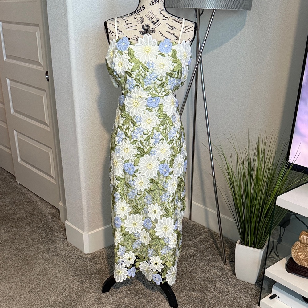Eva Franco Strapless Floral Dress - White, Green, and Blue